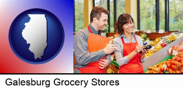 two grocers working in a grocery store in Galesburg, IL