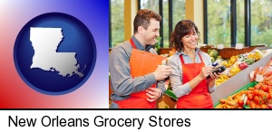 New Orleans, Louisiana - two grocers working in a grocery store