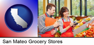 two grocers working in a grocery store in San Mateo, CA