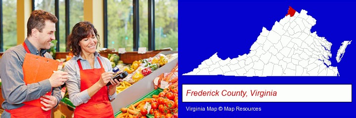 two grocers working in a grocery store; Frederick County, Virginia highlighted in red on a map