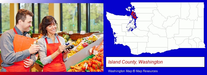 two grocers working in a grocery store; Island County, Washington highlighted in red on a map